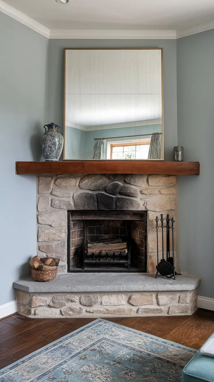 The soft blue walls and cozy corner fireplace create a tranquil atmosphere in this inviting living room layout.  The fireplace living room's focal point, a stunning corner fireplace, is perfectly complemented by the large mirror and decorative vase on the mantel.