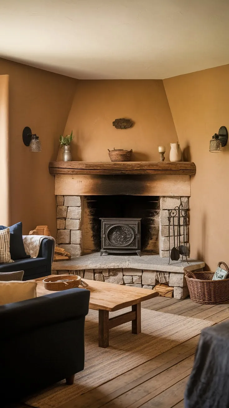 This corner fireplace living room is a testament to cozy design.  The living room corner, cleverly utilized with the fireplace, maximizes space and creates a stunning focal point.  The rustic decor, from the stone surround to the cast iron log holder, perfectly complements the warm beige walls and wooden flooring, resulting in a living room layout that's both stylish and comfortable.
