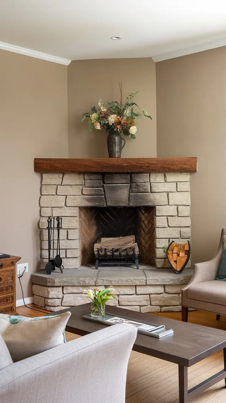 This living room corner, featuring a stunning corner fireplace, is the epitome of comfortable elegance. The living room layout showcases the fireplace beautifully, making it the focal point of this charming living room decor fireplace.