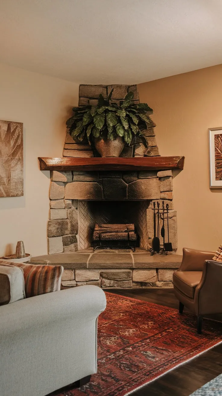 Cozy nights and warm gatherings are best enjoyed in this fireplace living room. The corner fireplace is the perfect focal point, enhancing the living room layout and adding a touch of rustic charm to the living room decor fireplace.  The living room corner feels inviting and complete.