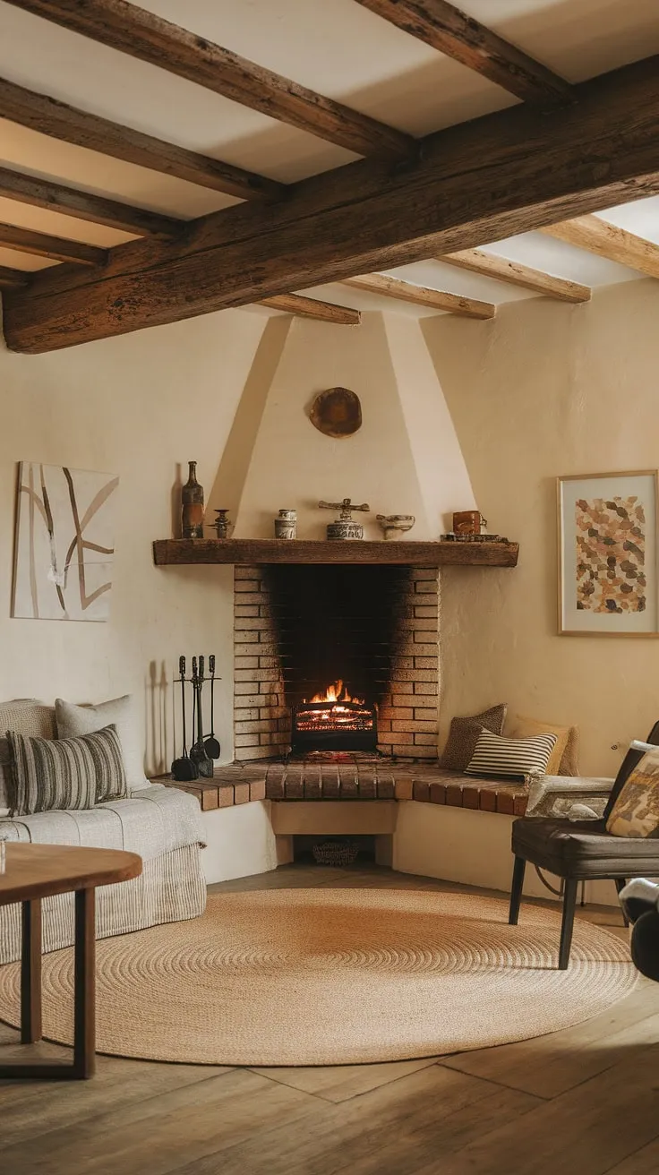 Nestled in the living room corner, the corner fireplace casts a warm glow, defining the heart of this rustic retreat.  The living room layout, complete with cozy sofa and inviting chair, perfectly complements the fireplace living room ambiance.  This corner fireplace living room decor is the epitome of comfort and style.