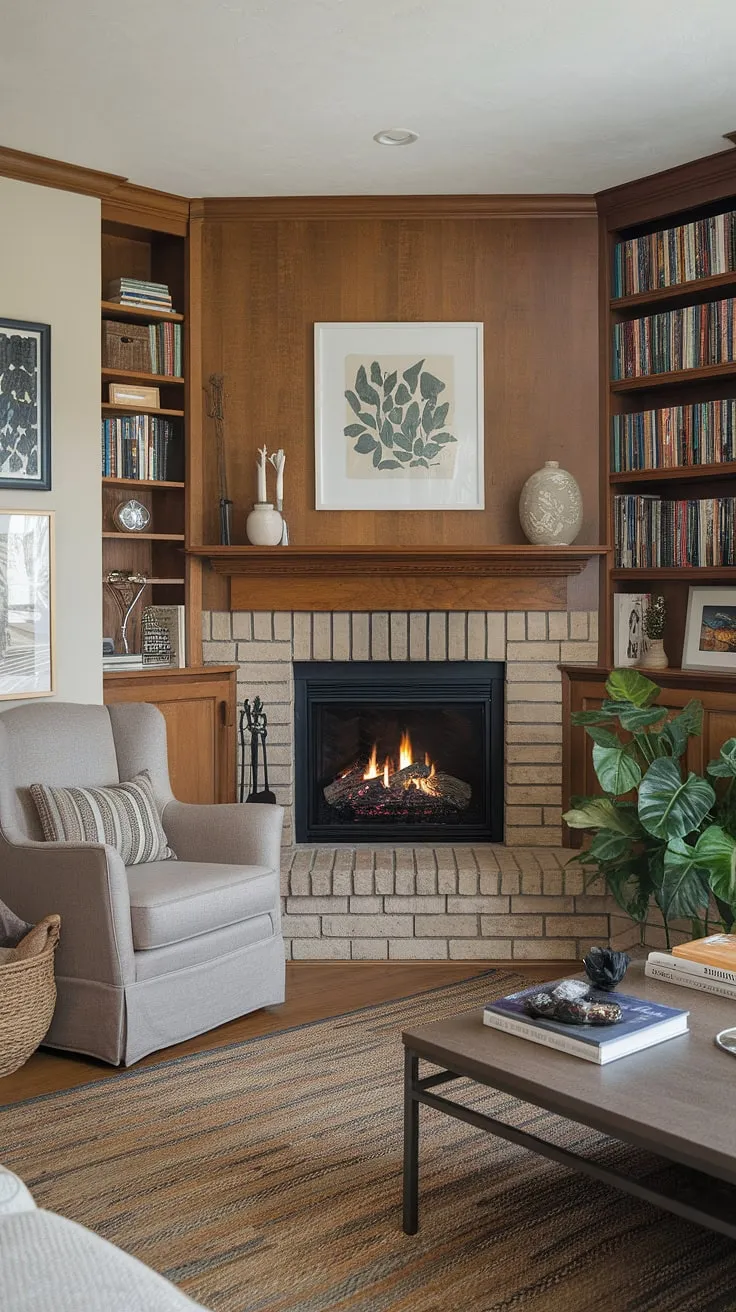 This fireplace living room showcases a stunning corner fireplace, a true centerpiece in this thoughtfully designed space.  The living room corner is cleverly utilized, maximizing comfort and style with the armchair placement and the overall living room layout.  A perfect example of living room decor fireplace integration.
