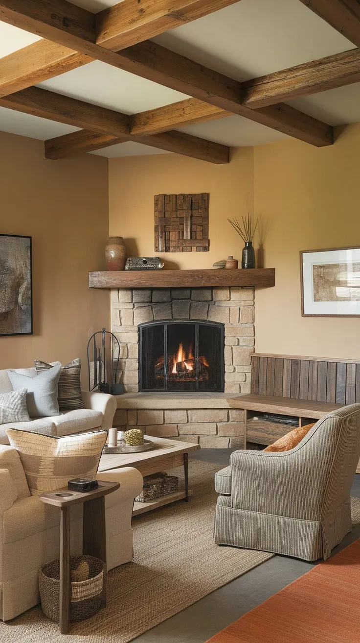 This living room corner, featuring a stunning corner fireplace, is the epitome of rustic charm. The thoughtful living room layout maximizes space and comfort, while the corner fireplace living room design creates a cozy and inviting ambiance.  Every detail, from the wooden shelf to the plush sofa, contributes to the perfect living room decor fireplace.