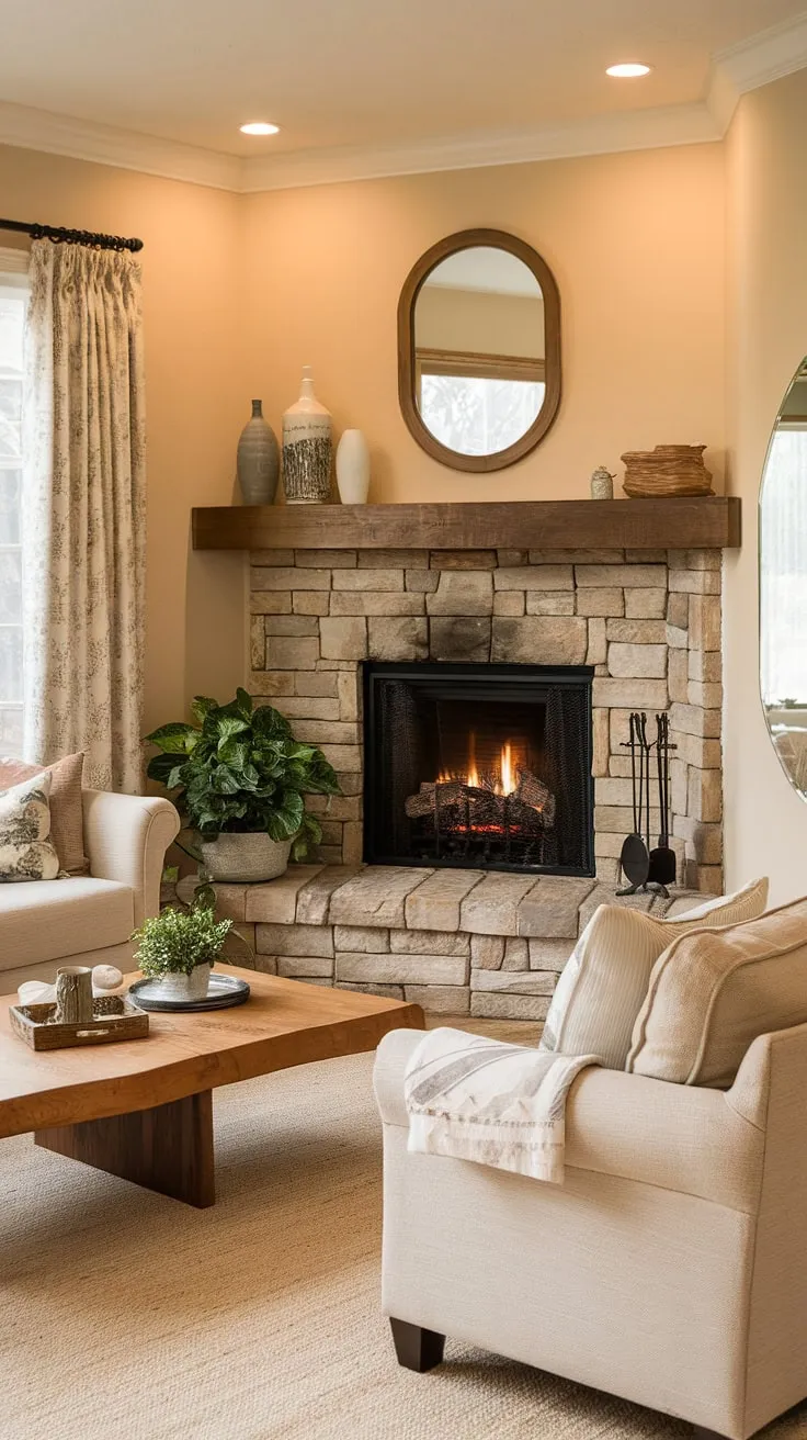 Cozy nights and warm gatherings are best enjoyed in this fireplace living room. The corner fireplace is the heart of this living room layout, adding a touch of rustic charm to the living room decor fireplace and creating a welcoming living room corner.