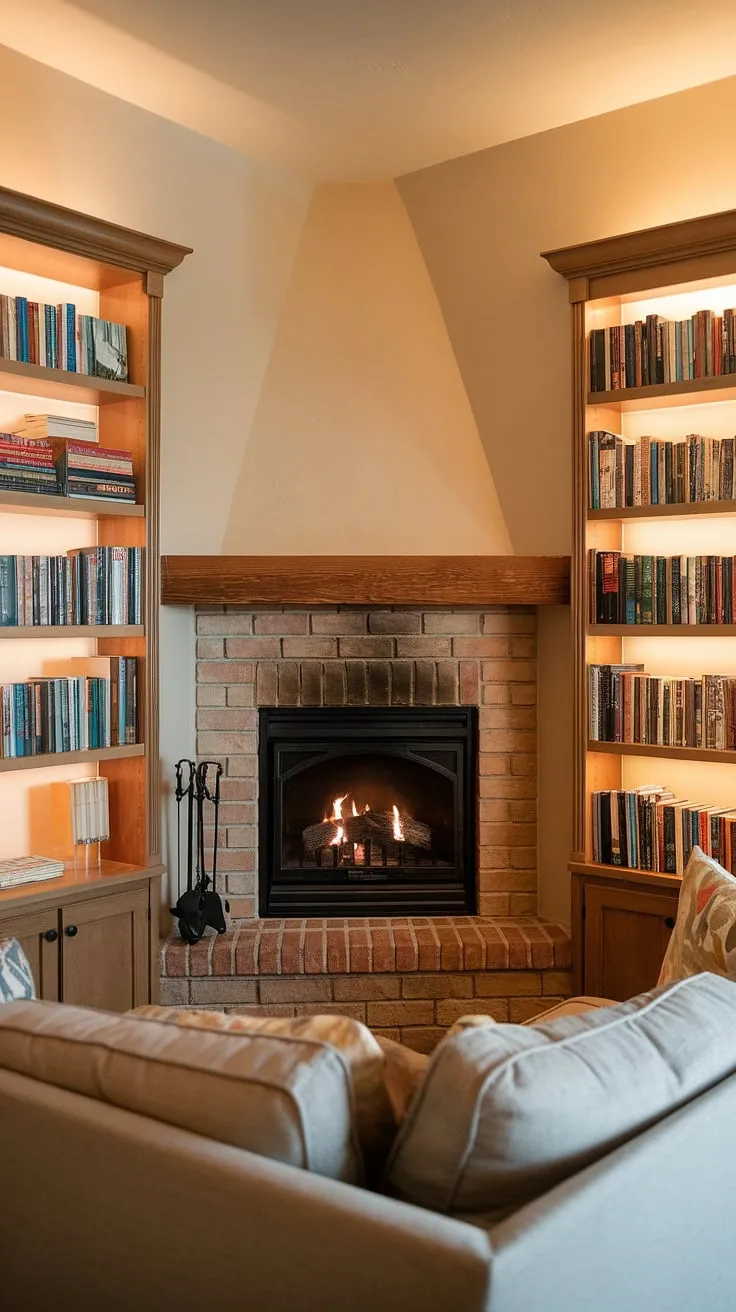 Imagine curling up on that plush couch, the crackling corner fireplace providing warmth and a soothing backdrop. This corner fireplace living room is a testament to thoughtful living room layout and decor, with the fireplace as the stunning focal point.  The built-in bookshelves flanking the living room corner fireplace complete the picture of cozy perfection.