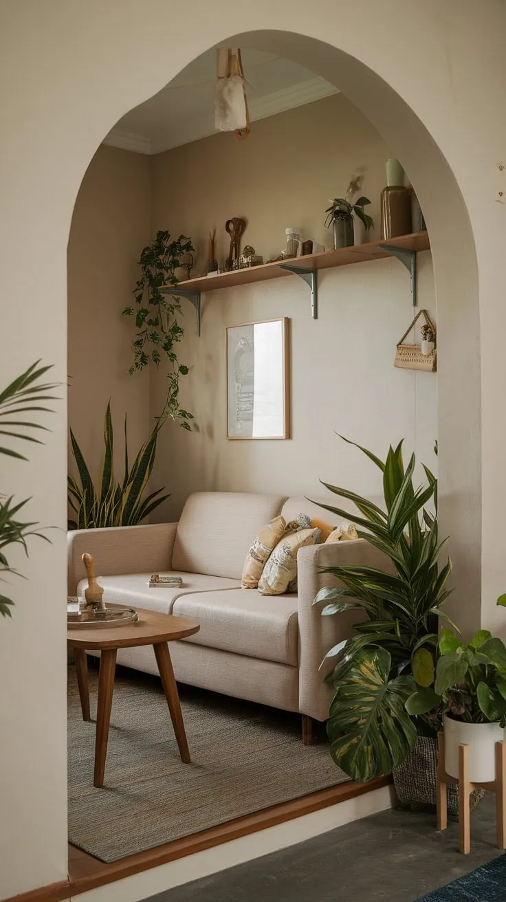 Transforming a corner into a haven of tranquility: this small living room design maximizes space and comfort, showcasing cozy living room ideas perfect for intimate living room decor.  The compact living space effortlessly blends functionality with style, creating a relaxing living area ideal for snug living room concepts and multifunctional living room needs.