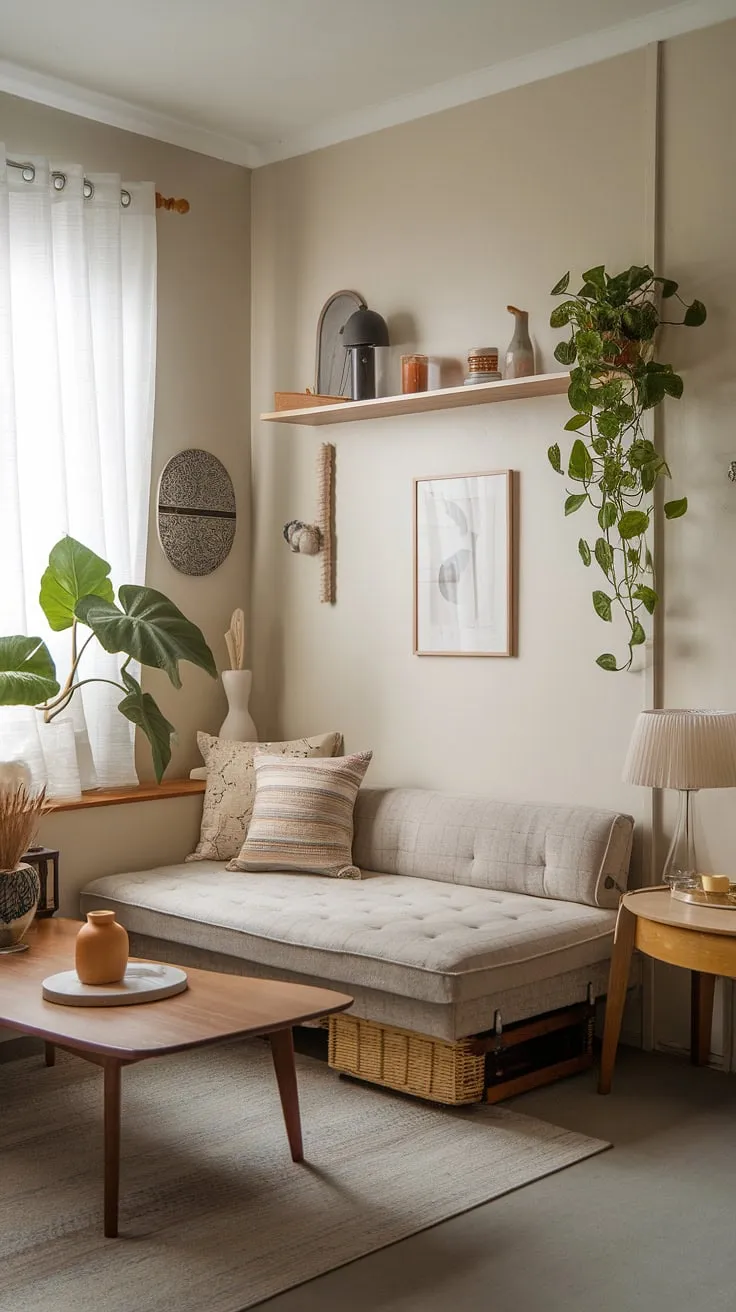 This small living room design proves that big style doesn't require big space.  The relaxing living area features a corner sofa bed and thoughtful small space interior design, making it a perfect example of snug living room concepts.  Enjoy the cozy living room ideas and multifunctional living room potential of this compact living space.