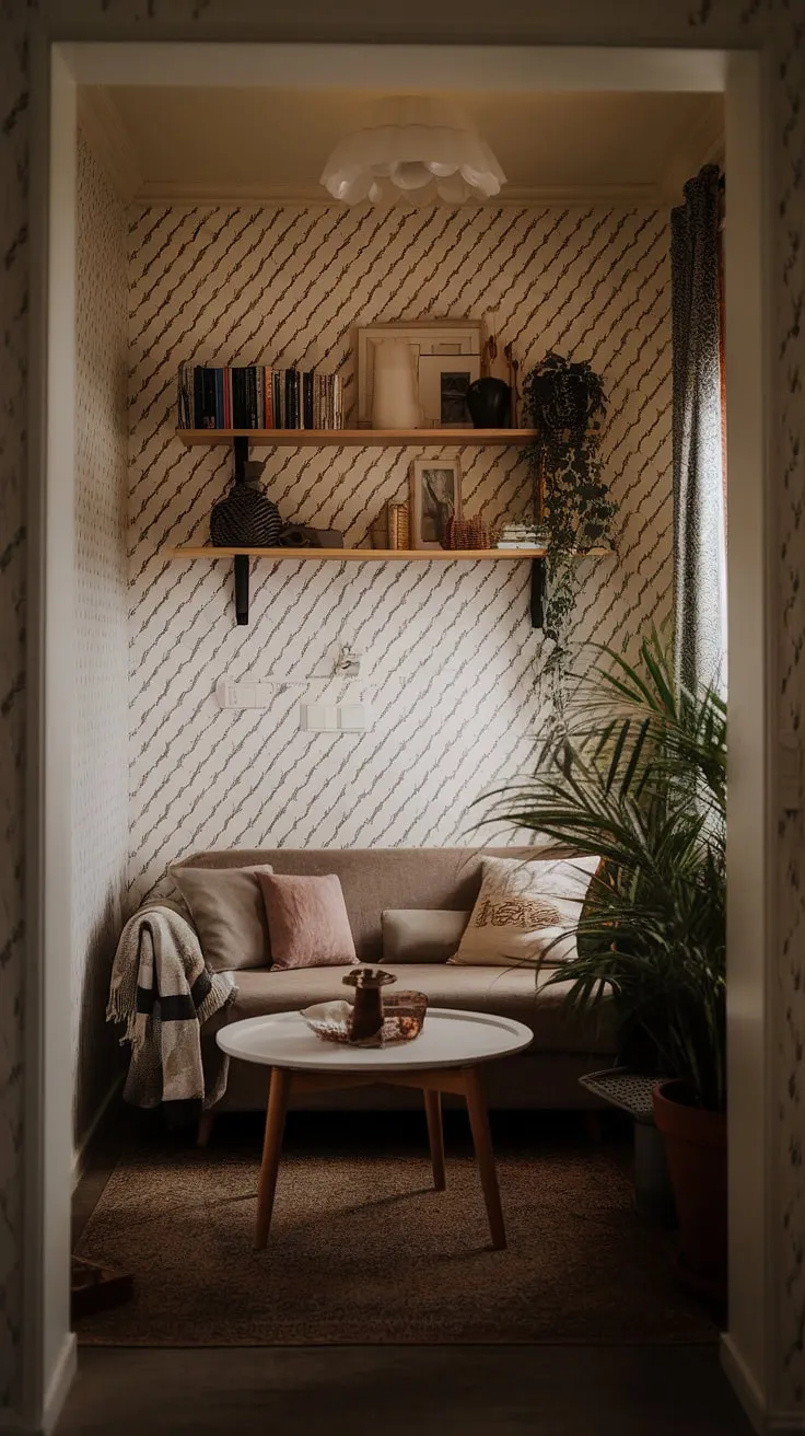 Cozy living room ideas don't require vast spaces. This corner living room proves that a relaxing living area can be achieved even in a compact living space.  The intimate living room decor and small space interior design create a snug living room concept that's both functional and aesthetically pleasing, showcasing the potential of multifunctional living room layouts.