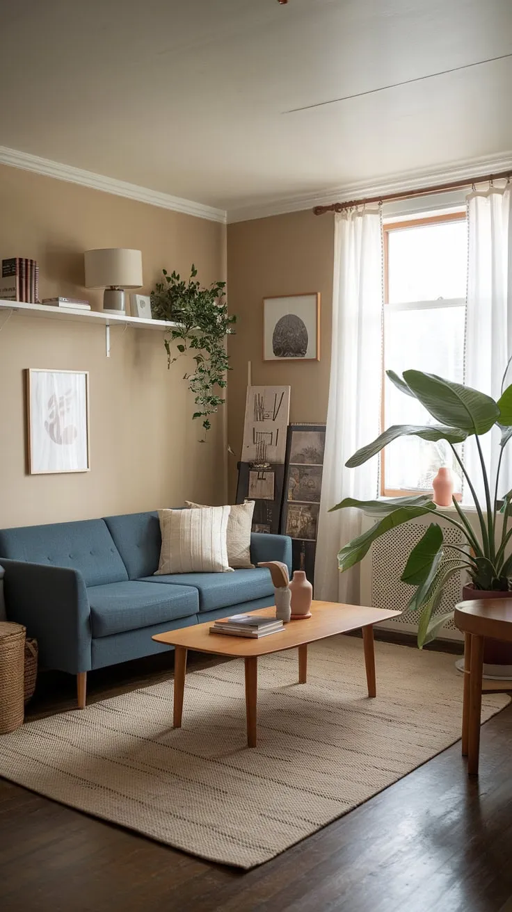 Transforming a small living room into a relaxing haven is easier than you think. This cozy living room ideas example demonstrates how to create a compact living space that feels both intimate and inviting.  The multifunctional living room design cleverly uses every corner, resulting in a snug living room concept that's perfect for those seeking a relaxing living area with small living room design solutions.