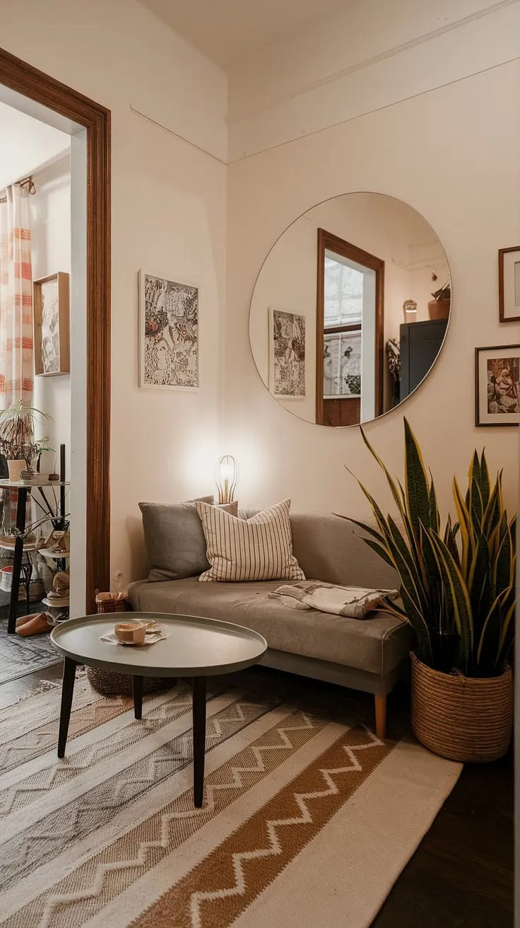 This cozy living room ideas example transforms a small space interior design into a relaxing haven.  The corner seating area, enhanced by a round mirror and thoughtful placement of a plant, creates a surprisingly spacious and multifunctional living room, perfect for those seeking snug living room concepts in a compact living space.