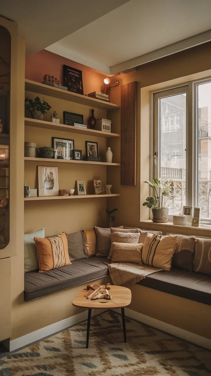 Cozy living room ideas come alive in this intimate living room decor.  The small living room design maximizes space with clever multifunctional living room features, creating a relaxing living area perfect for unwinding.  This snug living room concept showcases the beauty of a compact living space and corner living room arrangement, a testament to smart small space interior design.