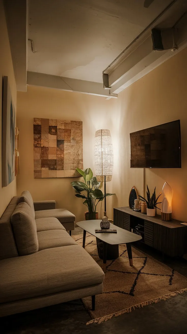This small space interior design showcases how a corner living room can be both stylish and functional.  With clever placement and warm lighting, this compact living space feels surprisingly spacious and inviting.  The result? A relaxing living area perfect for intimate living room decor and cozy living room ideas.