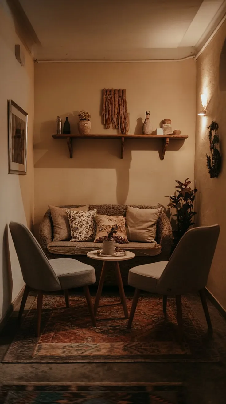 Transforming a corner into a cozy haven: this small living room design is a masterclass in intimate living room decor.  The compact living space feels surprisingly spacious thanks to clever snug living room concepts and multifunctional living room features.  Discover relaxing living area ideas for your own home, inspired by this perfect blend of comfort and style.