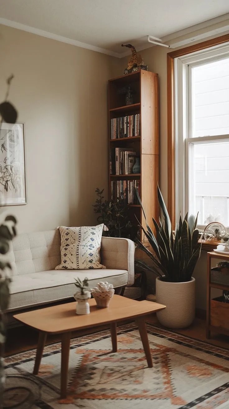 This corner living room proves that small space interior design can be incredibly cozy.  Clever use of space creates a relaxing living area perfect for unwinding, showcasing snug living room concepts in a compact living space. The multifunctional living room effortlessly blends comfort and style, embodying intimate living room decor.