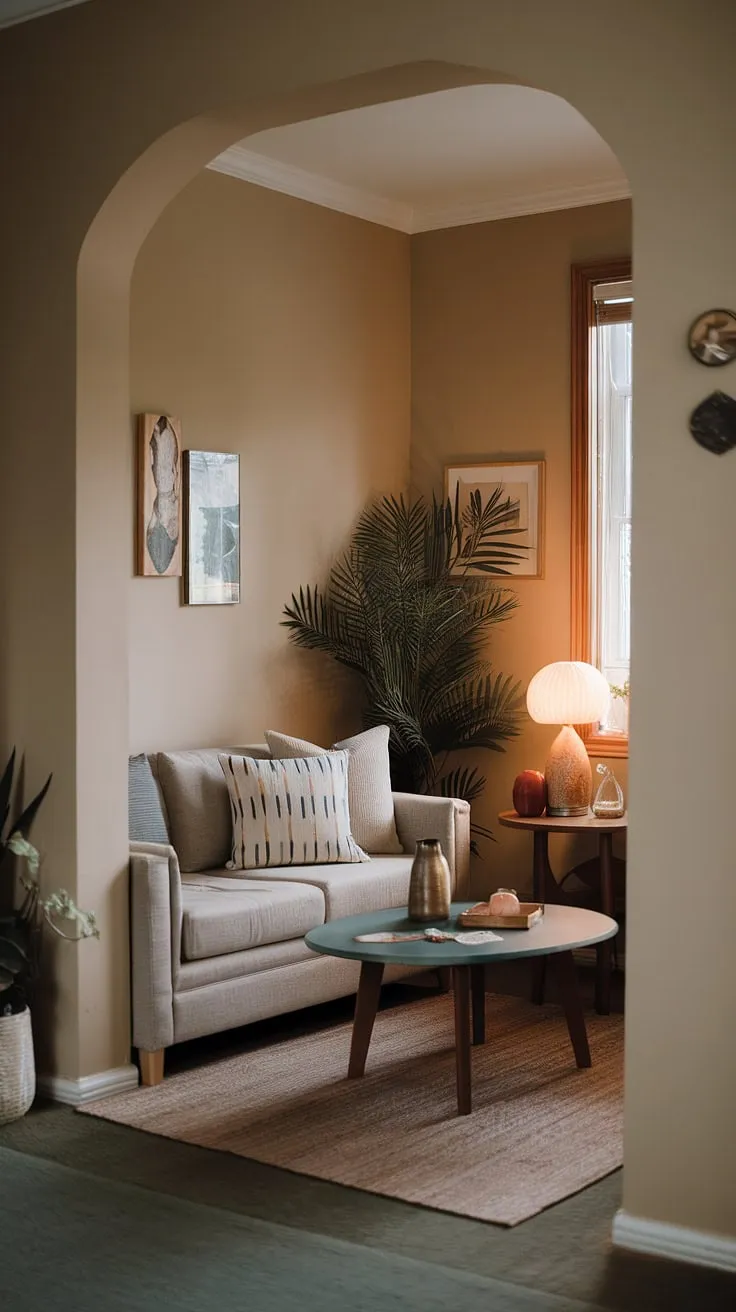 Transforming a corner into a haven of relaxation: this small living room design proves that cozy living room ideas thrive even in compact living spaces.  The intimate living room decor and multifunctional living room layout create a snug living room concept perfect for unwinding.