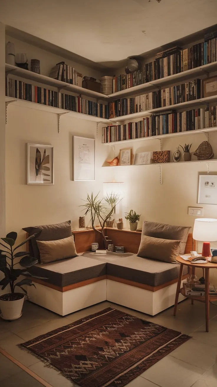 This corner living room proves that small space interior design can be incredibly cozy.  Clever use of space creates a relaxing living area perfect for unwinding, showcasing snug living room concepts in a compact living space. The multifunctional living room effortlessly blends style and comfort, embodying intimate living room decor.