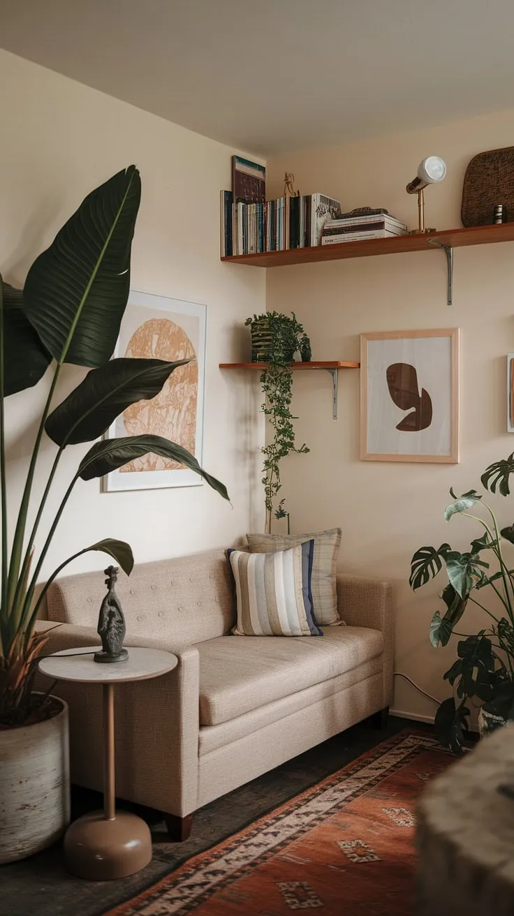Maximize comfort in your compact living space with this corner living room.  Cozy living room ideas abound in this small living room design, featuring a relaxing living area perfect for unwinding.  The intimate living room decor and multifunctional elements make it a perfect example of small space interior design and snug living room concepts.