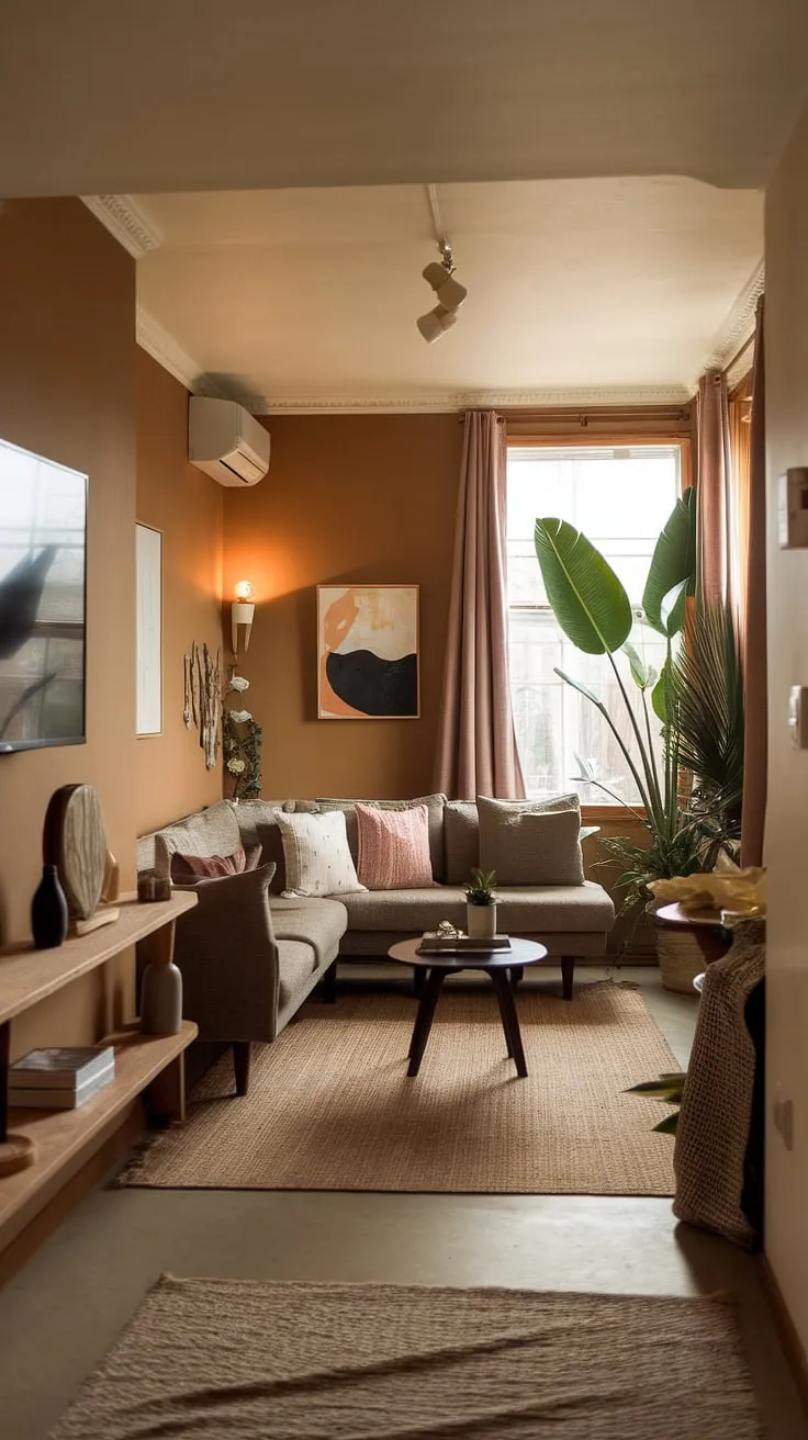 Maximize comfort and style in your small space interior design with this corner living room.  Clever small living room design maximizes space, creating a cozy living room and a relaxing living area perfect for unwinding.  This intimate living room decor proves that even a compact living space can be both stylish and functional.