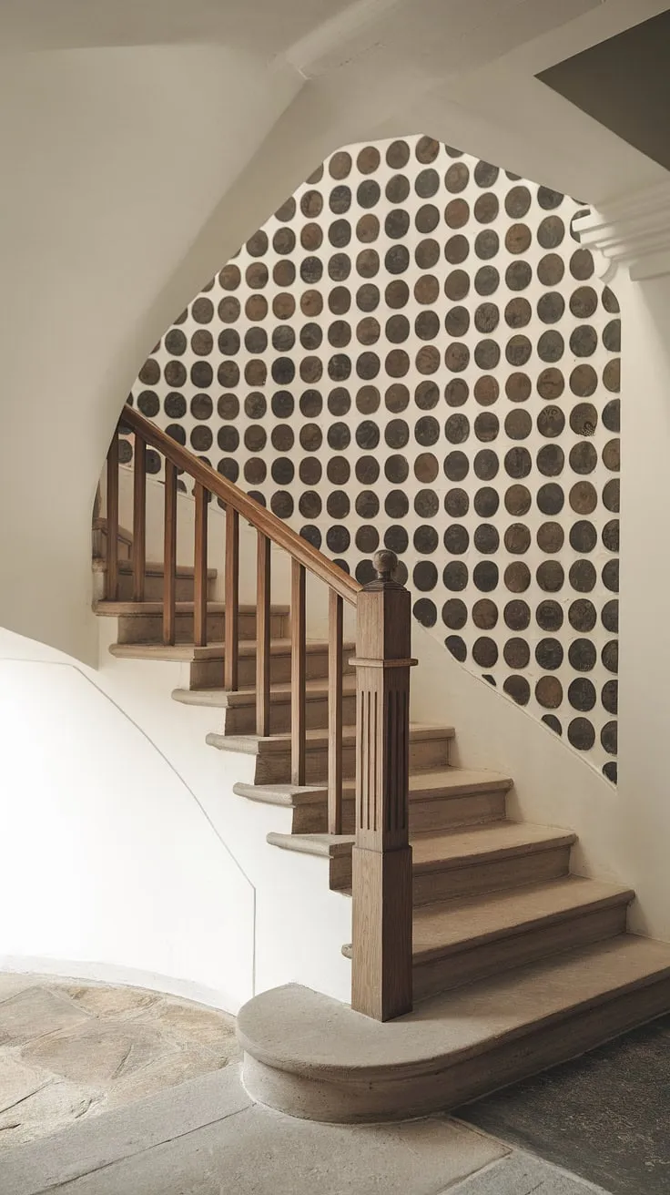 This corner staircase, bathed in soft light, showcases elegant staircase decor ideas. The enclosed stairwell decor is elevated by the striking accent staircase wall.
