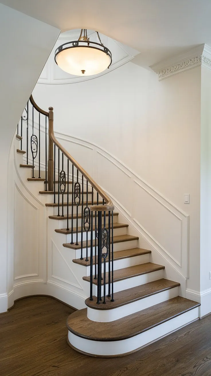 This corner staircase, nestled within an enclosed stairwell, showcases stunning stairwell wall ideas. Note the beautiful wrought iron railing and the impact of a simple yet effective accent staircase wall.
