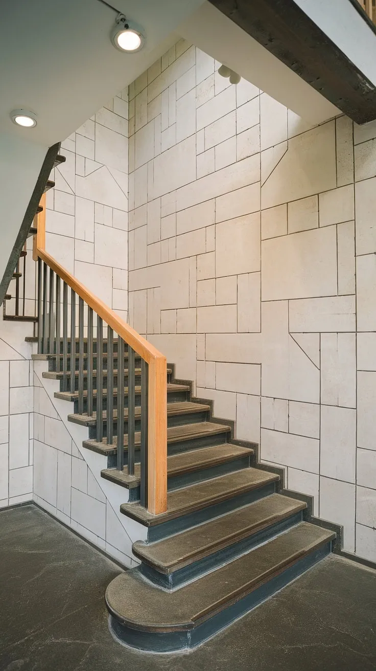 The enclosed stairwell's clean lines and modern aesthetic are highlighted by the corner staircase's elegant wooden handrail and metallic stringers. The geometric white tiles on the accent staircase wall provide a striking contrast against the dark grey concrete floor, offering fresh stairwell wall ideas and inspiration for staircase decor ideas. This is a perfect example of how to elevate enclosed stairwell decor.