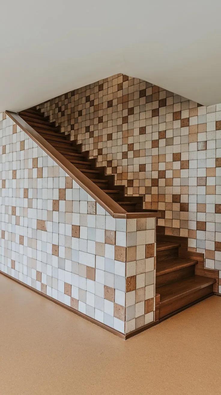 The unique stairwell wall design elevates this corner staircase. The interplay of white, beige, and brown rectangles creates a striking focal point, providing ample staircase decor ideas and showcasing creative stairwell wall ideas for enclosed stairwells. The clean lines and minimalist aesthetic make this a perfect example of accent staircase wall design.