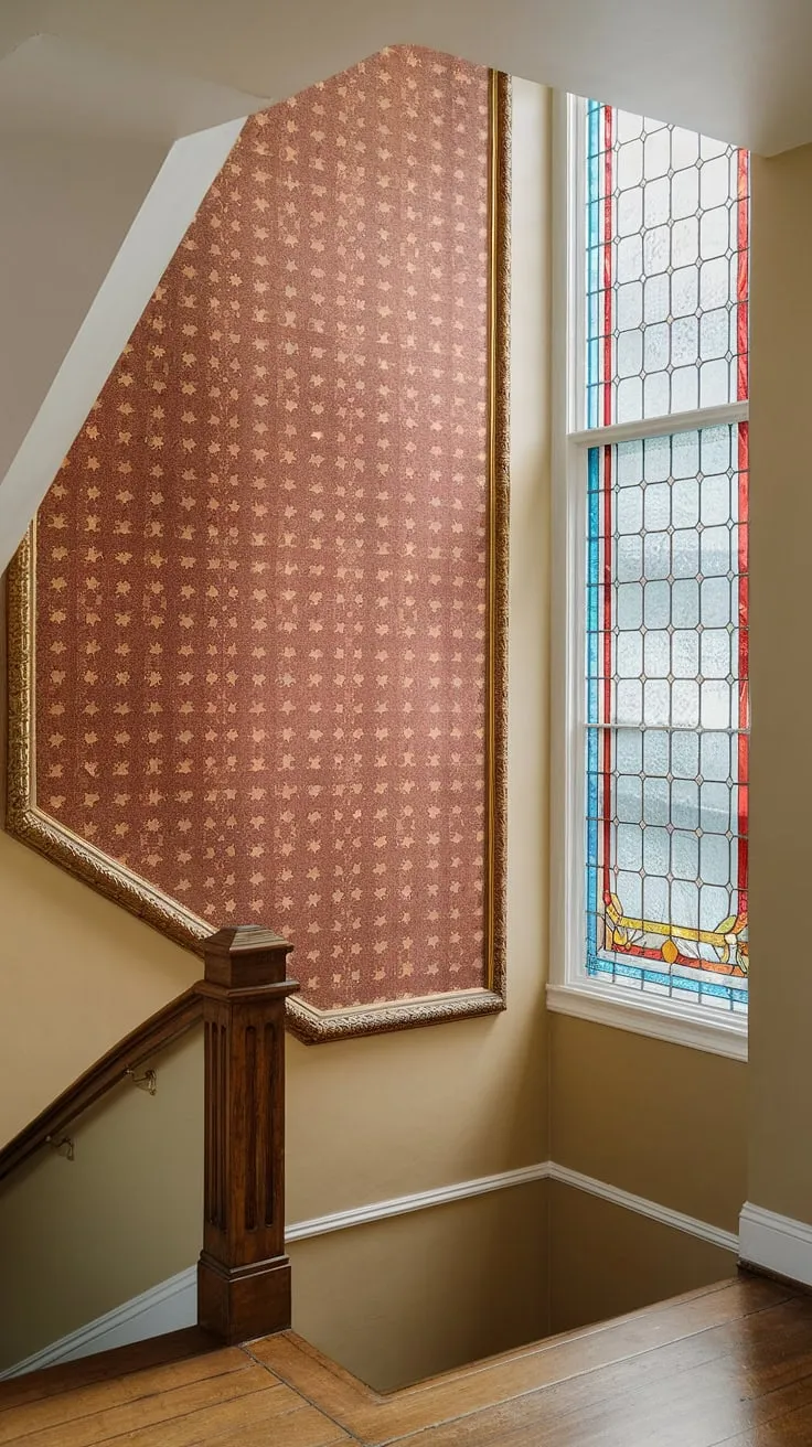 The high ceiling and soft lighting beautifully showcase this corner staircase, its wooden steps leading upwards past a magnificent, golden-framed wall decoration. This enclosed stairwell offers inspiration for stairwell wall ideas and accent staircase wall designs. The addition of a stained-glass window with red, blue, and yellow hues completes the sophisticated staircase decor ideas, creating a truly memorable space.