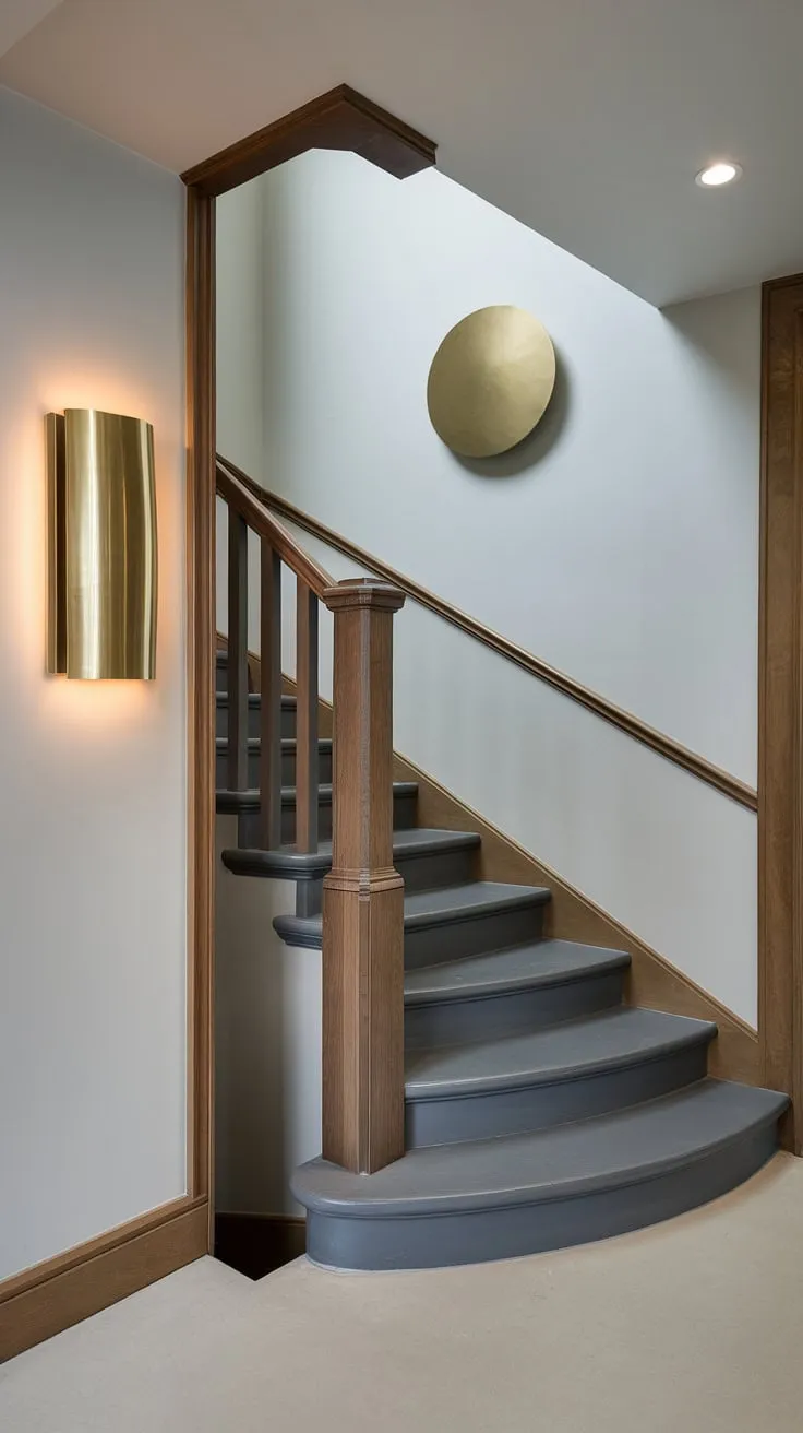 This corner staircase's design is a masterclass in enclosed stairwell decor. Note the thoughtful stairwell wall ideas, including the brass lighting, creating a stunning focal point.