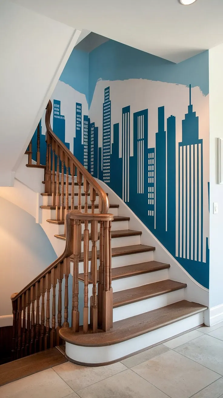 This corner staircase, a stunning example of staircase decor ideas, is elevated by the enclosed stairwell decor and breathtaking city skyline mural on the accent staircase wall. The perfect blend of modern design and artistic flair.