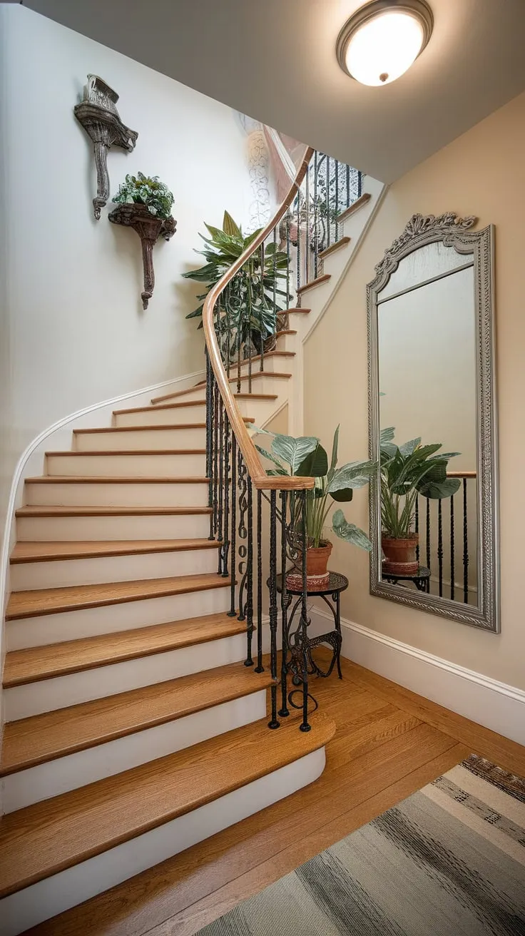 The beauty of this corner staircase is amplified by the thoughtful enclosed stairwell decor.  From the rich wood of the treads to the ornate wrought iron railing, every detail contributes to the overall ambiance.  The mirror on the accent staircase wall adds depth and light, while the opposite wall's greenery provides a touch of nature.  Find your perfect stairwell wall ideas here.