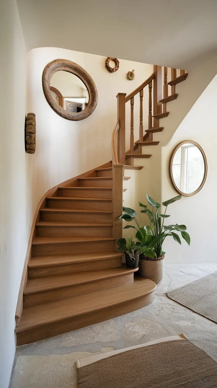 A charming corner staircase takes center stage in this thoughtfully designed enclosed stairwell.  Simple yet elegant, the stairwell wall ideas here are effortlessly chic.  From the strategic placement of a round mirror to the carefully chosen potted plants, this space offers abundant enclosed stairwell decor inspiration and showcases creative accent staircase wall options.  Consider this a masterclass in staircase decor ideas.