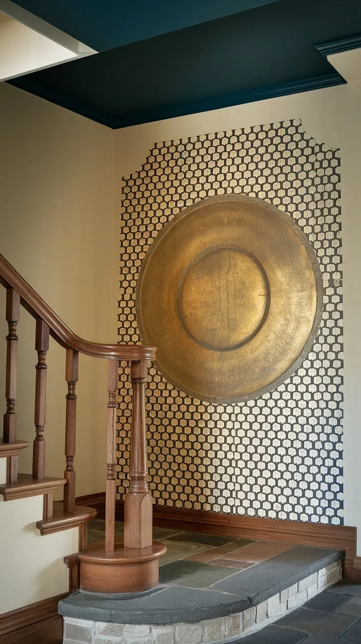 The soft lighting highlights the elegant interplay of textures in this enclosed stairwell decor.  A striking circular accent staircase wall, finished in gold, complements the warm wood of the corner staircase and cool stone floor, offering endless staircase decor ideas.