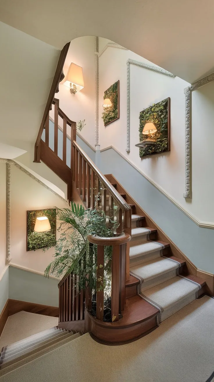 This corner staircase, a testament to elegant design, showcases creative stairwell wall ideas.  Each floor's unique accent staircase wall, from the lush greenery to the intimate lamplit tables, transforms this enclosed stairwell decor into a captivating journey.  Explore these staircase decor ideas for your own home.