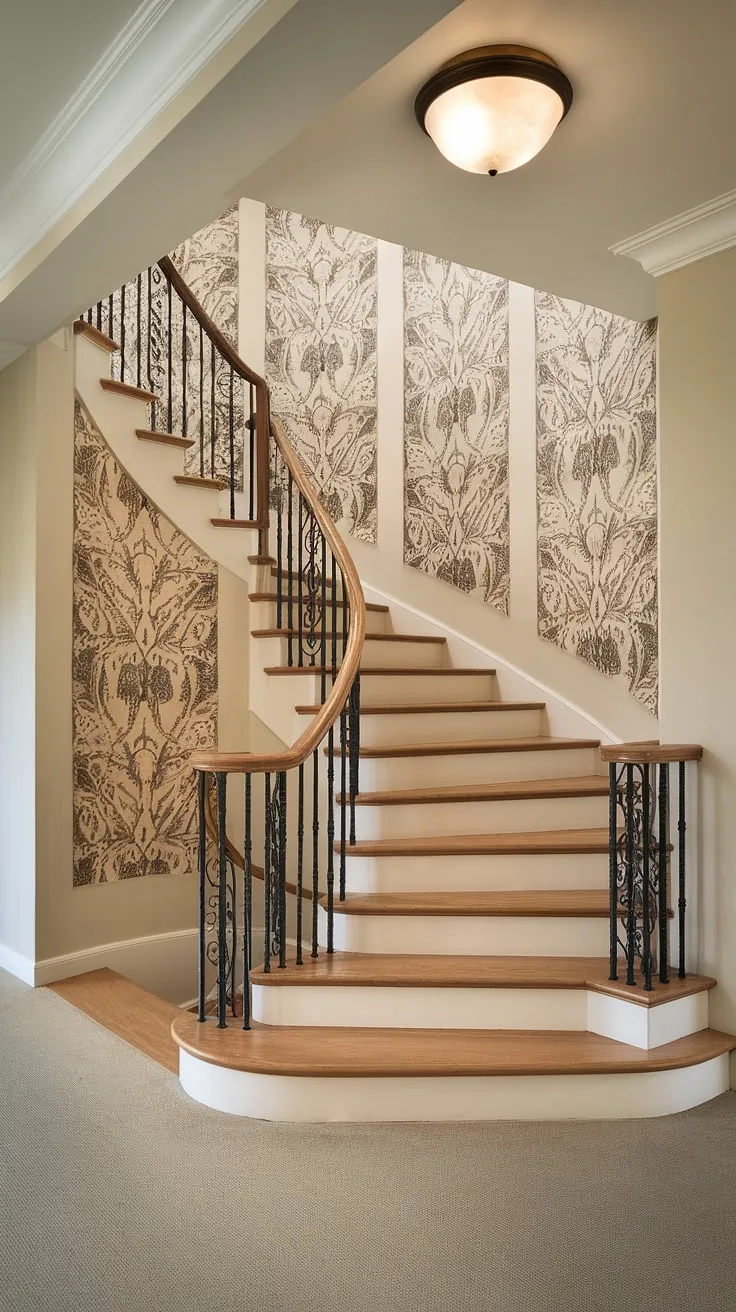 This enclosed stairwell boasts a stunning corner staircase, a testament to thoughtful staircase decor ideas. The stairwell wall ideas are brilliantly executed with a decorative floral panel serving as a captivating accent staircase wall. The plush carpeting and the interplay of wood and wrought iron create a luxurious and inviting atmosphere.