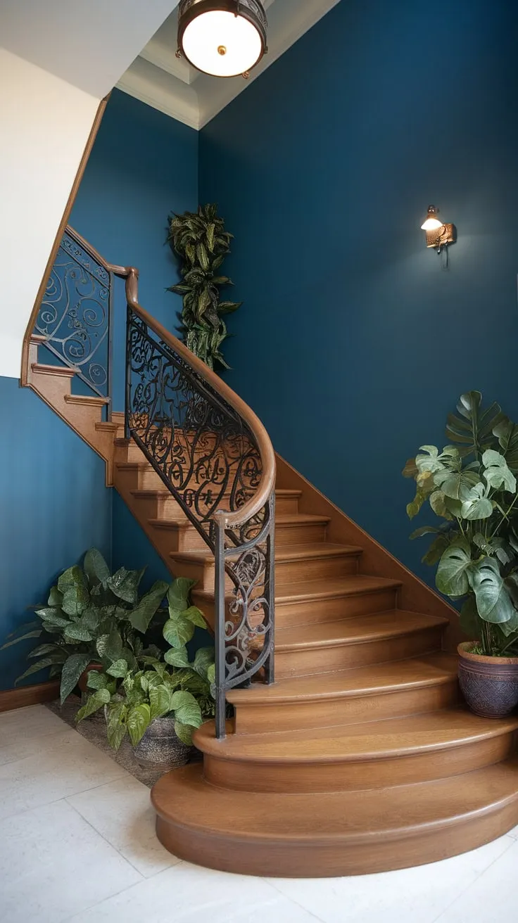 This corner staircase, a stunning example of staircase decor ideas, is beautifully framed by a deep blue accent staircase wall and lush potted plants. The enclosed stairwell decor is effortlessly chic.