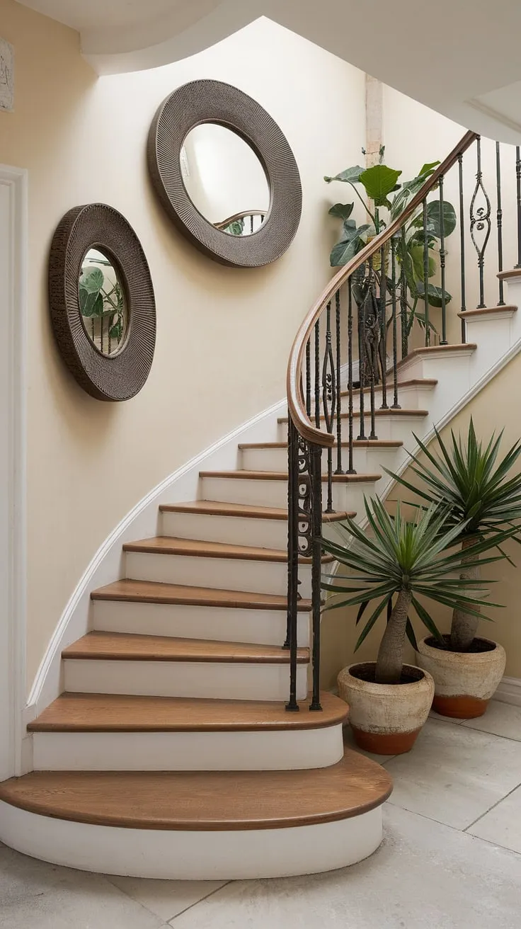 This corner staircase, bathed in light reflecting from the circular mirror, offers a stunning example of enclosed stairwell decor. The accent staircase wall elevates the space, showcasing creative staircase decor ideas.