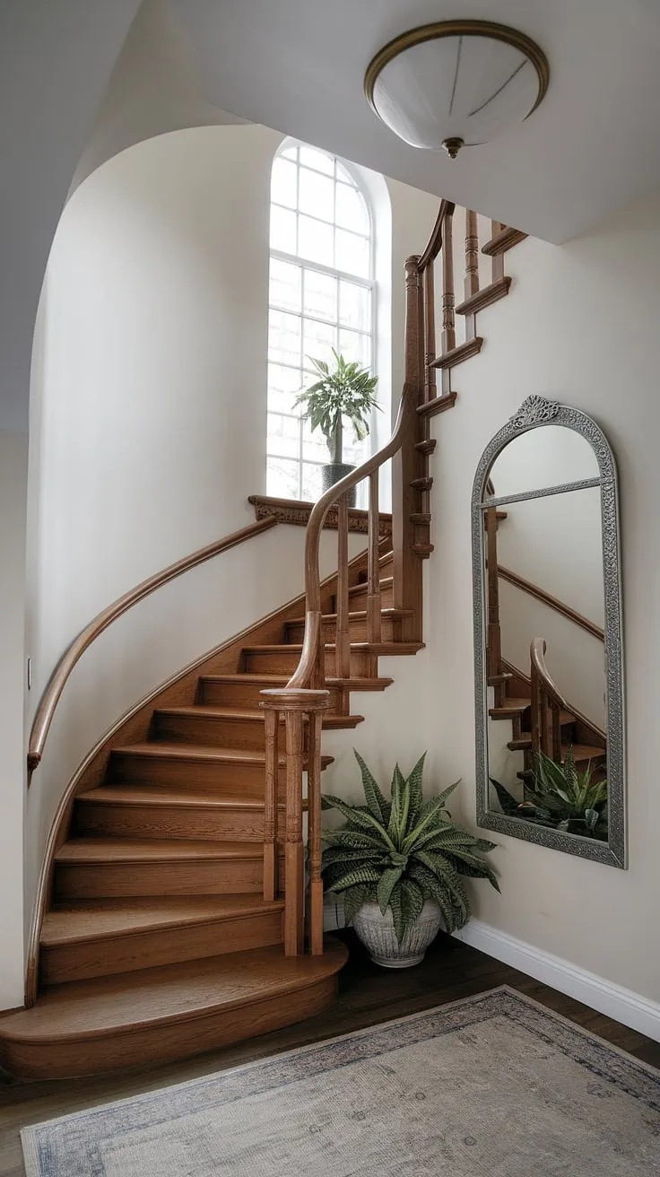 Serene style starts with this corner staircase. Staircase decor ideas abound in this enclosed stairwell, showcasing clever stairwell wall ideas and a stunning accent staircase wall.