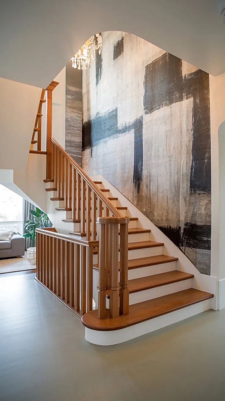 This enclosed stairwell decor perfectly demonstrates how to maximize a corner staircase. The striking abstract artwork on the accent staircase wall provides a focal point, offering unique stairwell wall ideas. The warm wood of the banister contrasts beautifully with the light grey floor, showcasing clever staircase decor ideas. The overall aesthetic is one of modern elegance, completed by the soft lighting and comfortable living area visible in the background.