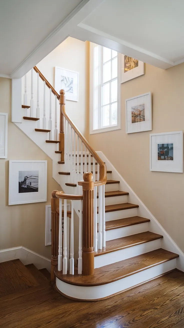 This corner staircase, nestled within a charming enclosed stairwell, showcases clever enclosed stairwell decor. Note the thoughtful use of the accent staircase wall, featuring framed artwork, providing excellent stairwell wall ideas. The combination of the wooden banister, white railings, and dark wood floor creates a space that's both functional and aesthetically pleasing, offering plenty of staircase decor ideas.