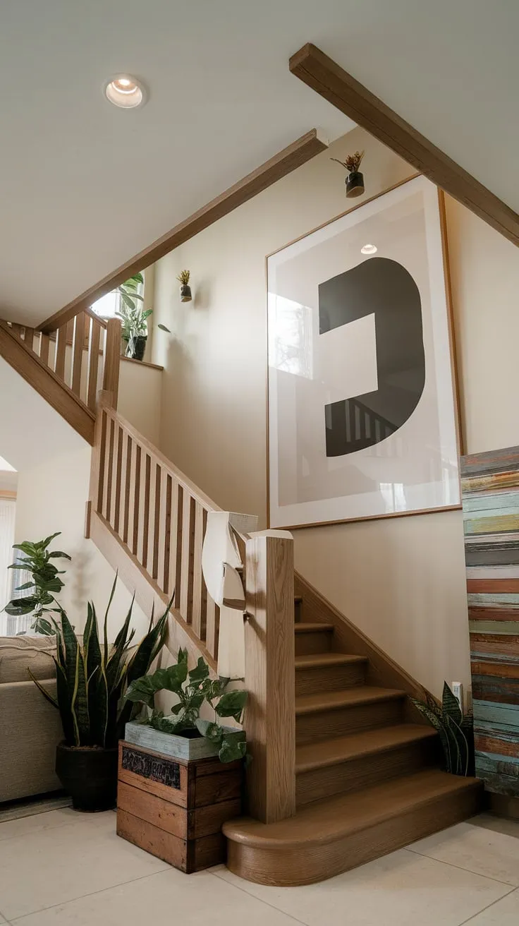 This image perfectly illustrates enclosed stairwell decor and stairwell wall ideas. The corner staircase, a focal point of the home, is enhanced by a striking abstract piece on the accent staircase wall. The thoughtful use of plants and a wooden box adds warmth to the staircase decor ideas, creating a welcoming and visually appealing enclosed stairwell. The overall design seamlessly integrates the staircase into the living area.