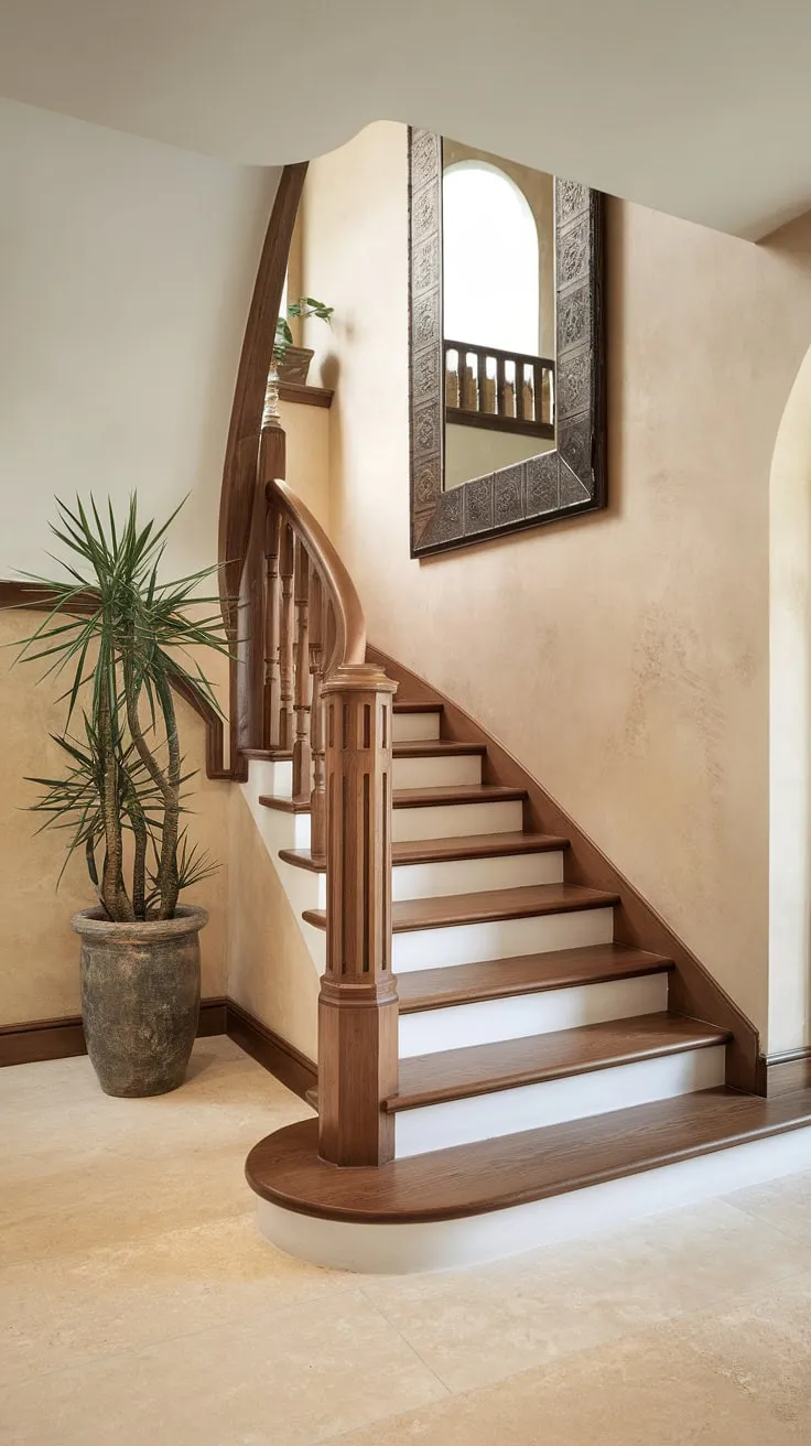 The elegant curve of this corner staircase, bathed in soft light, showcases stunning staircase decor ideas.  The enclosed stairwell decor is elevated by the dramatic mirror on the accent staircase wall, perfectly complementing the potted plant and beige tile floor.  This is enclosed stairwell decor at its finest.