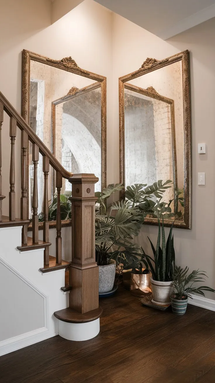 This corner staircase's design is a masterclass in enclosed stairwell decor.  The stairwell wall ideas, featuring a statement mirror, are brilliantly complemented by the warm wood and greenery, creating a truly captivating and inspiring space.  Consider this your guide to achieving luxurious staircase decor ideas in your own home.