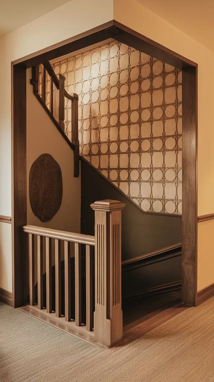 Discover inspiring stairwell wall ideas with this beautifully designed corner staircase. The wooden railing and patterned accent staircase wall create a sophisticated enclosed stairwell decor, offering a wealth of inspiration for your own staircase decor ideas.  The subtle darkness above hints at the mysteries waiting to be explored.