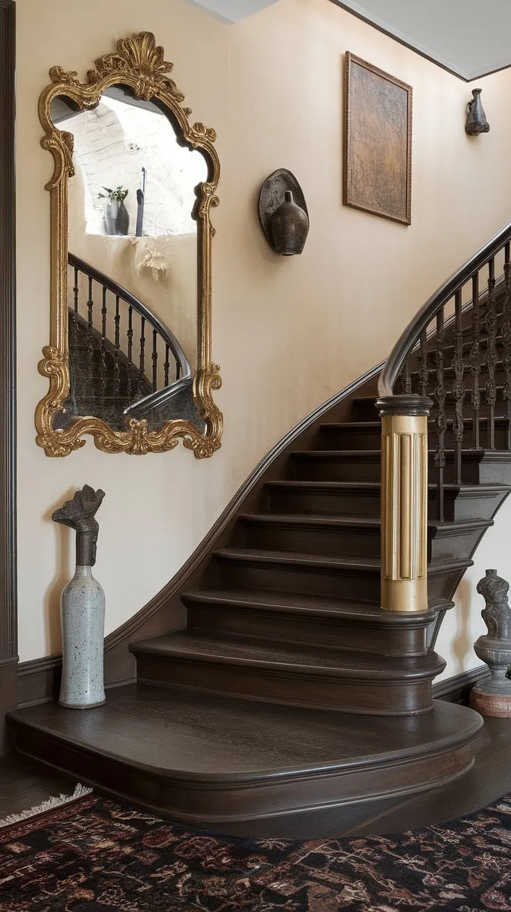 This corner staircase, adorned with a magnificent gold mirror and tasteful décor, elevates the entire space.  The enclosed stairwell decor, featuring a stunning accent staircase wall, offers endless staircase decor ideas for creating a luxurious and inviting home.