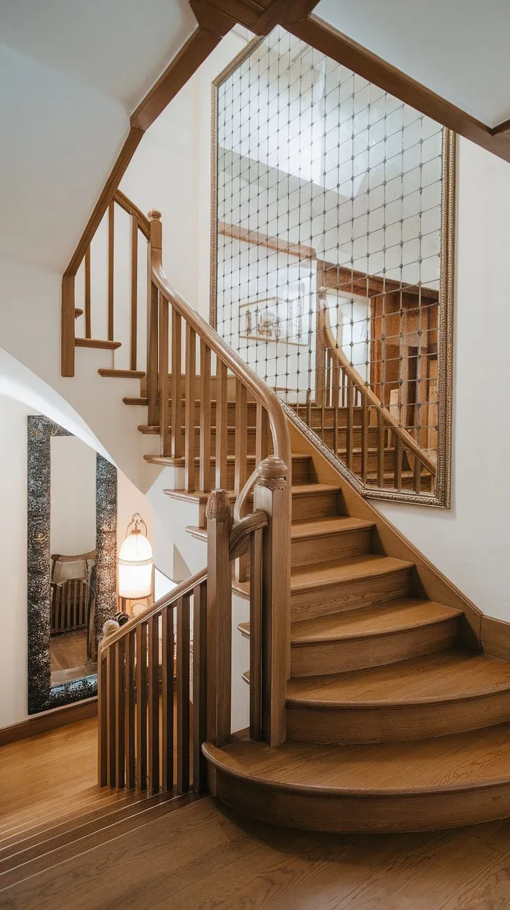 Illuminating elegance: This corner staircase, nestled in an enclosed stairwell, showcases stunning staircase decor ideas. The accent staircase wall, complete with a grand mirror, elevates the space.