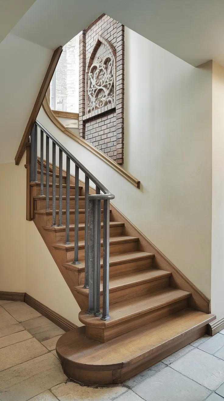 A bright and airy space defined by a beautiful corner staircase. Find inspiration for your own staircase decor ideas and enclosed stairwell decor with this elegant design.