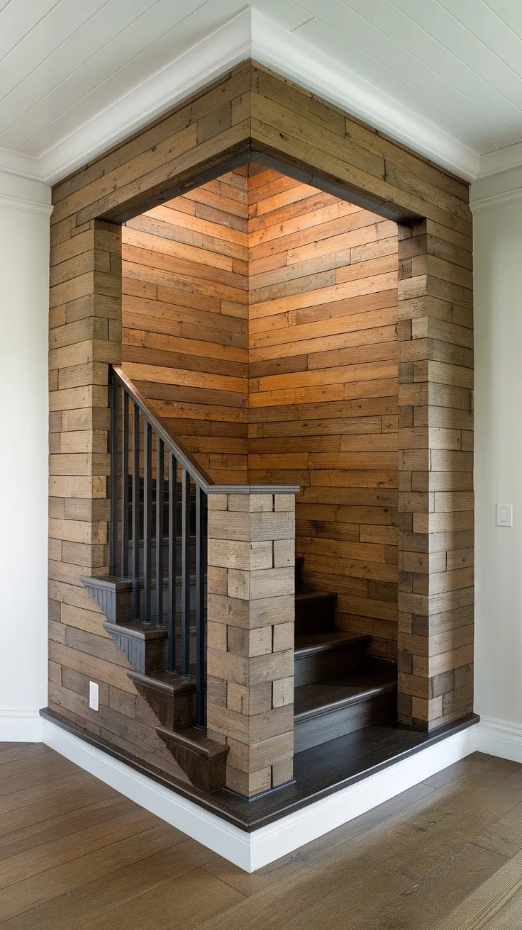 This corner staircase, with its unique accent staircase wall, offers stunning enclosed stairwell decor and inspiring staircase decor ideas. The wooden planks create a captivating focal point.