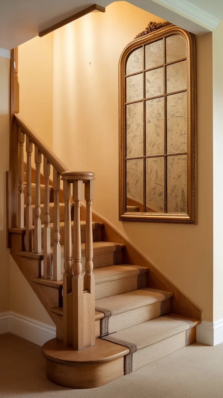 A stunning example of enclosed stairwell decor, this corner staircase's design is enhanced by the gold-framed mirror. Find inspiration for your own stairwell wall ideas here.