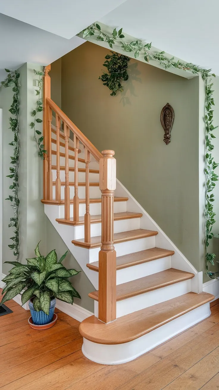Enclosed stairwell decor doesn't get much better than this. Note the stunning accent staircase wall and the overall staircase decor ideas used to elevate this corner staircase into a design masterpiece.