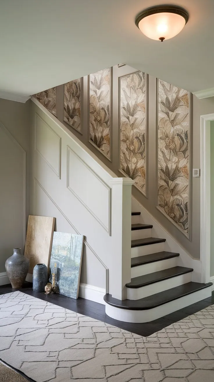 Elegant enclosed stairwell decor, showcasing stunning stairwell wall ideas with a floral accent staircase wall. This corner staircase design offers endless staircase decor ideas.